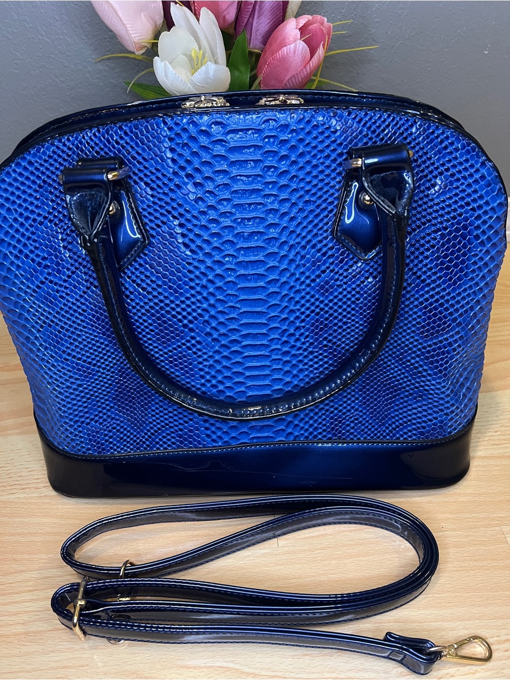Blue Faux Croc Satchel - Picture 2 of 16